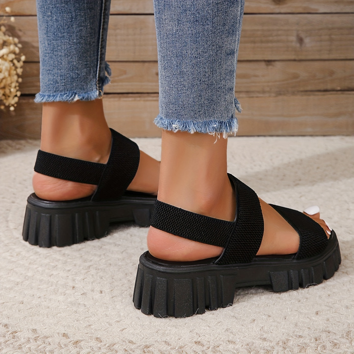 Women's Black Chunky Heel Ankle Strap Sandals