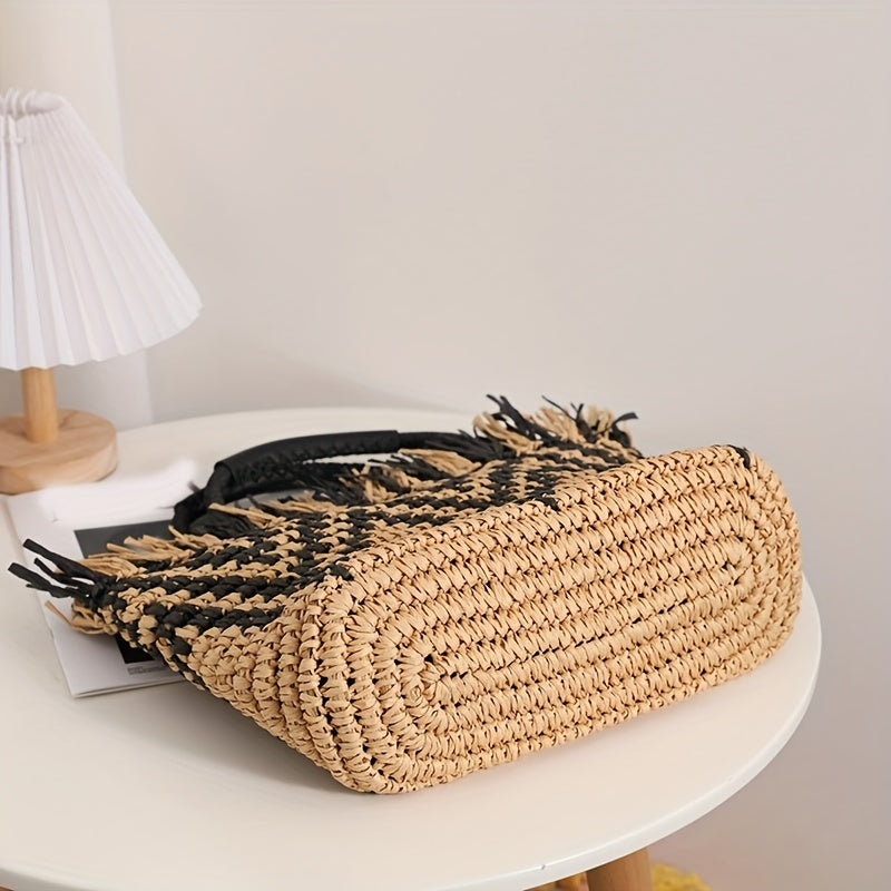 Woven Striped Tote Bag Lightweight Satchel Bucket Bag