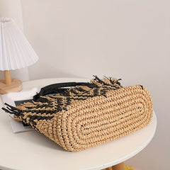 Woven Striped Tote Bag Lightweight Satchel Bucket Bag