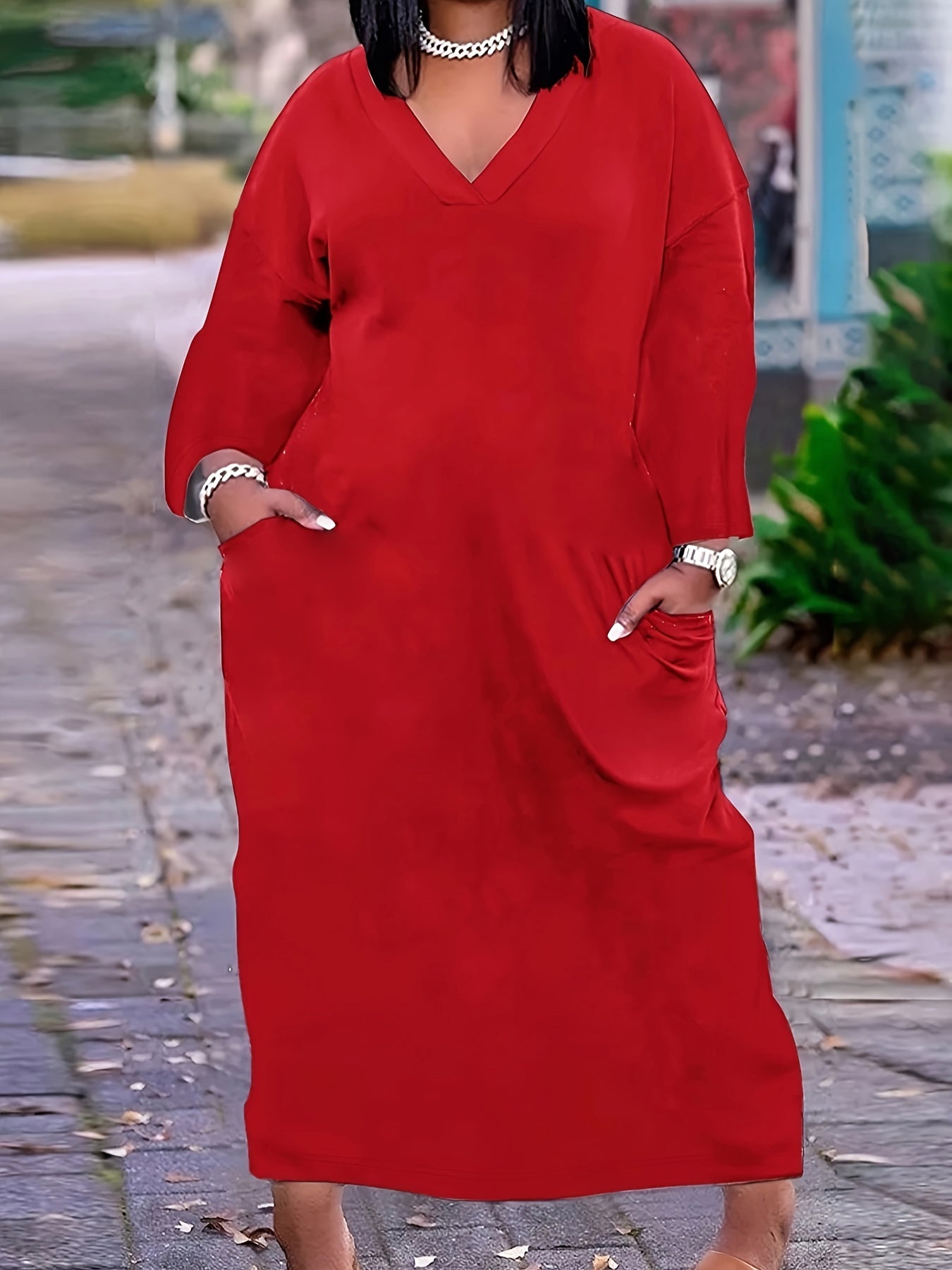  Solid Drop Shoulder Long Sleeve V Neck Maxi Dress