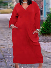  Solid Drop Shoulder Long Sleeve V Neck Maxi Dress