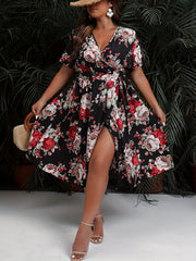  Floral Print Short Sleeve Wrap Dress