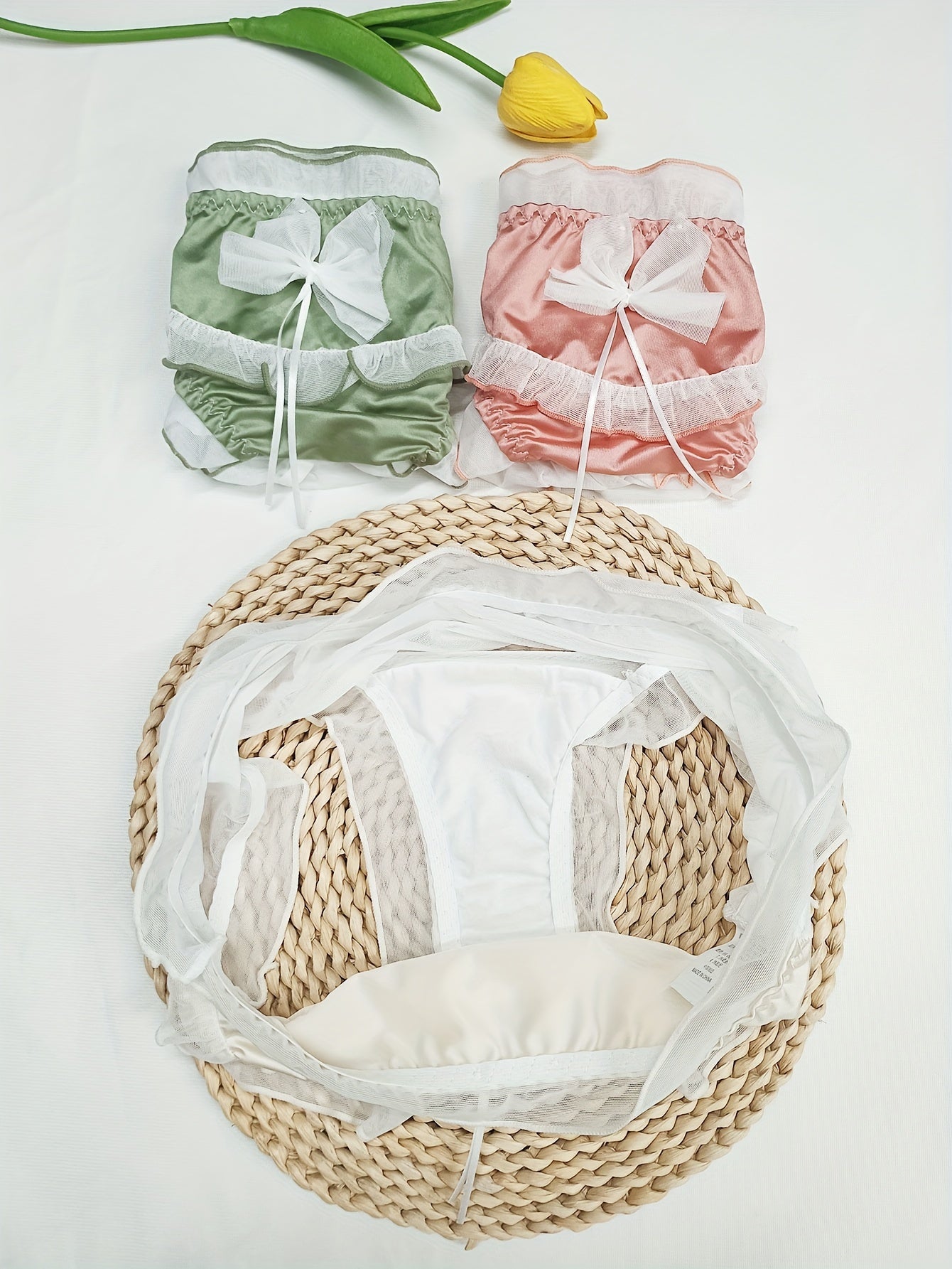 3pcs Mesh Stitching Bow Briefs Comfy & Breathable Underwear