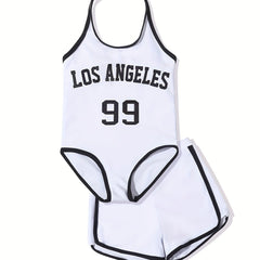 Girls Casual Swimsuit Set - Halter Neck Romper Top Shorts Set for Summer Beach