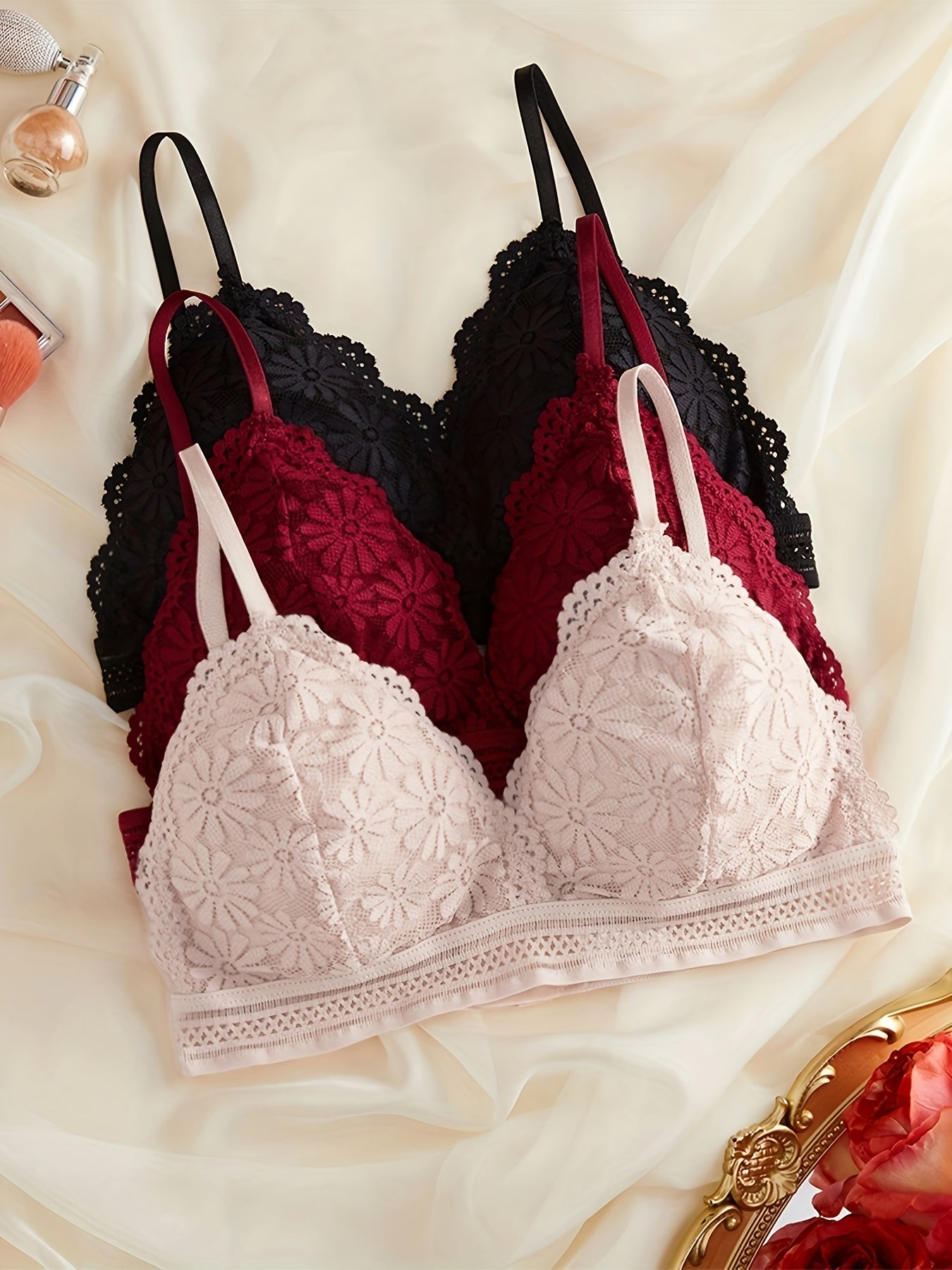 3pcs Lace Bralettes Scallop Trim Bra Women's Lingerie