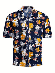 Men's Leaf Print Beach Shirt - Casual Short Sleeves for Summer