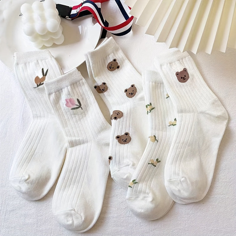5 Pairs Floral & Bear Print Socks Women's Stockings Hosiery