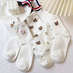 5 Pairs Floral & Bear Print Socks Women's Stockings Hosiery