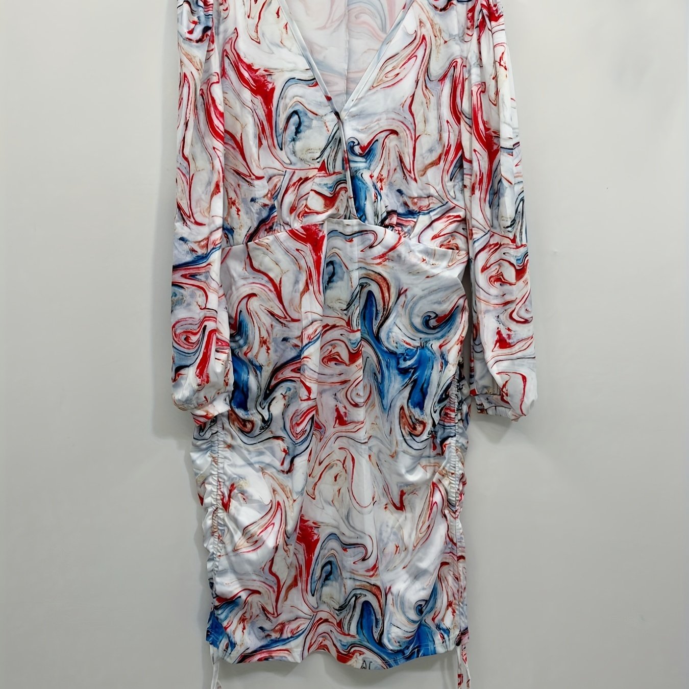  Women's Marble Print Long Sleeve Tie Mini Dress