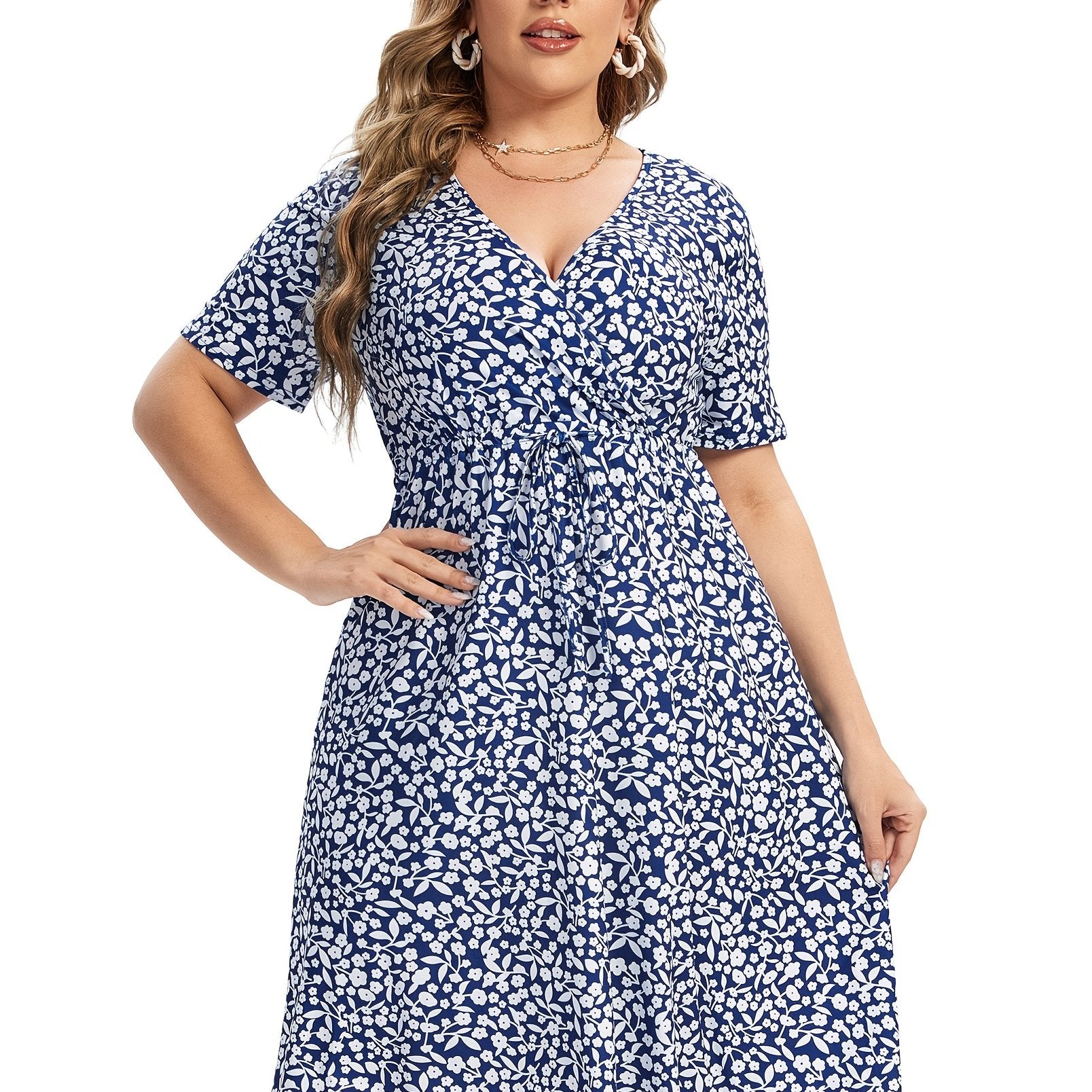  Ditsy Floral Print V Neck Drawstring Dress
