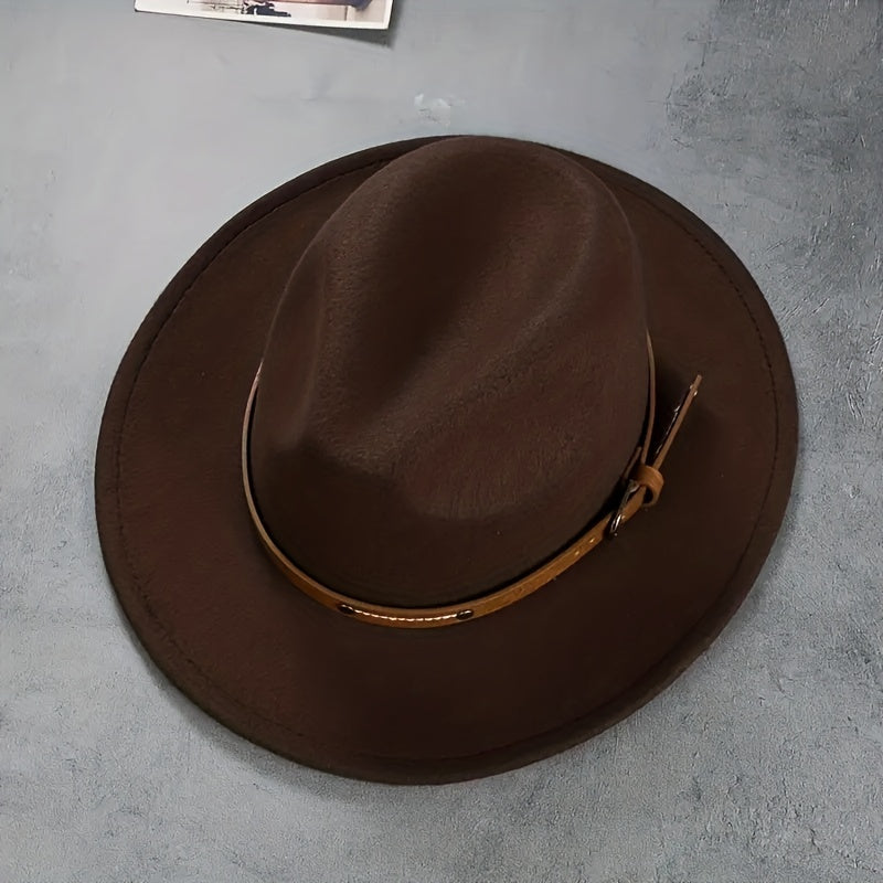 Stylish Belt Decor Fedora Cap Unisex Solid Jazz Hat Casual Warm Felt Hat
