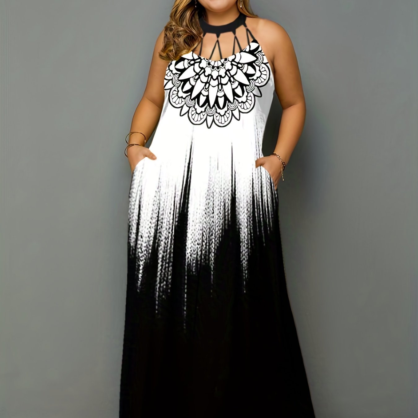  Ombre & Tile Print Cut Out Maxi Dress