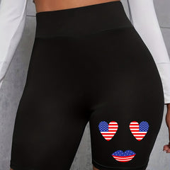  Independence Casual Shorts Women's Plus Flag Heart Print Biker Shorts