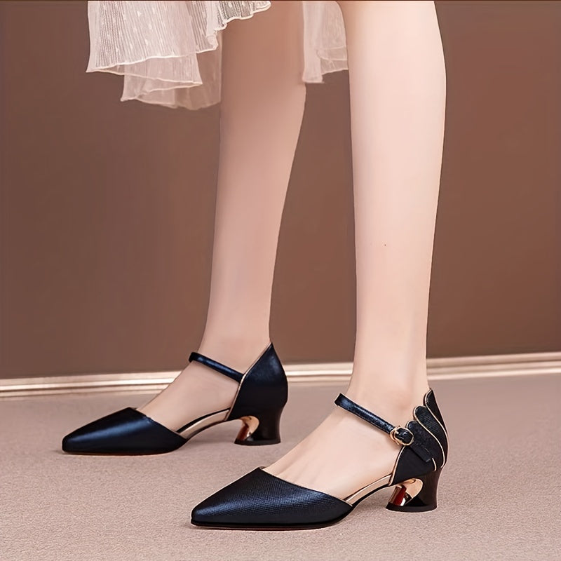Women's Chunky Heels Point Toe Buckle Strap Pumps