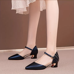 Women's Chunky Heels Point Toe Buckle Strap Pumps