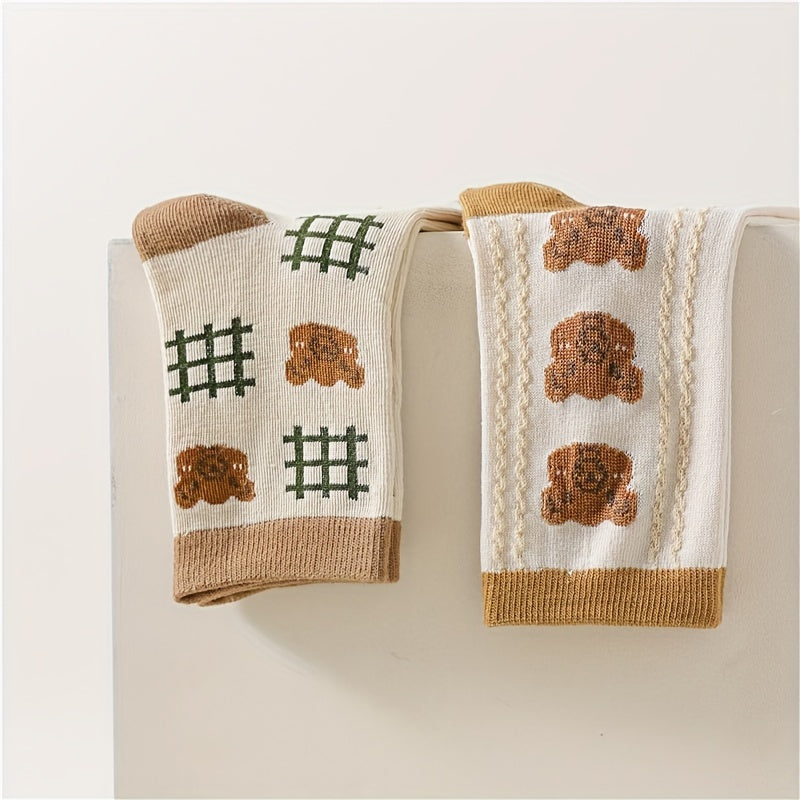 6 Pairs Cartoon Bear Print Socks Cute & Comfy Women's Mid Tube Stockings