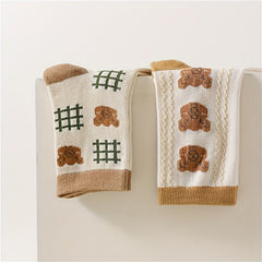 6 Pairs Cartoon Bear Print Socks Cute & Comfy Women's Mid Tube Stockings