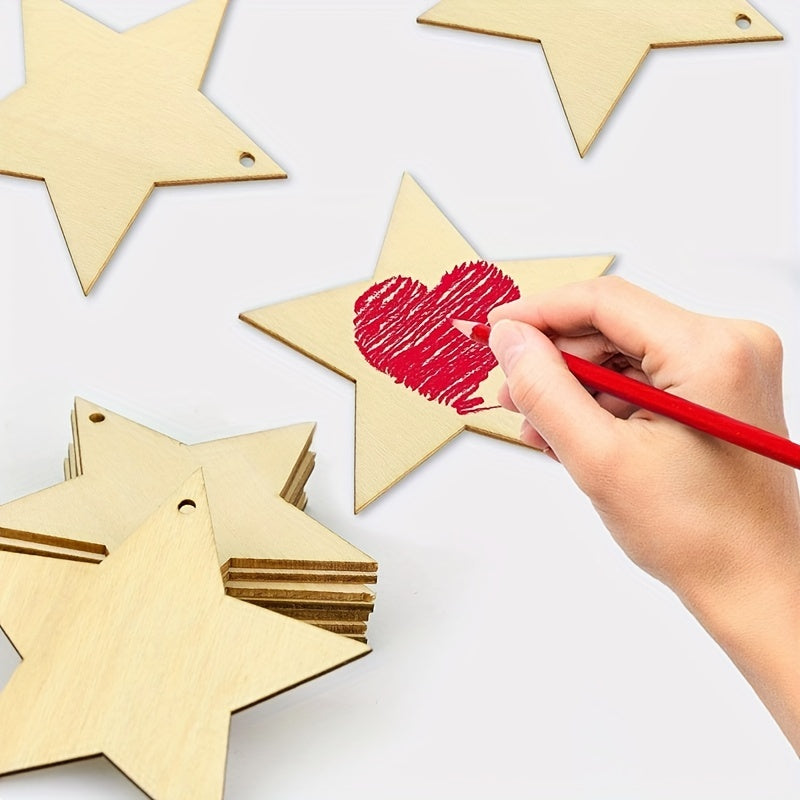 10pcs Wooden Star Ornaments with Hole & Rope DIY Crafts Decoration