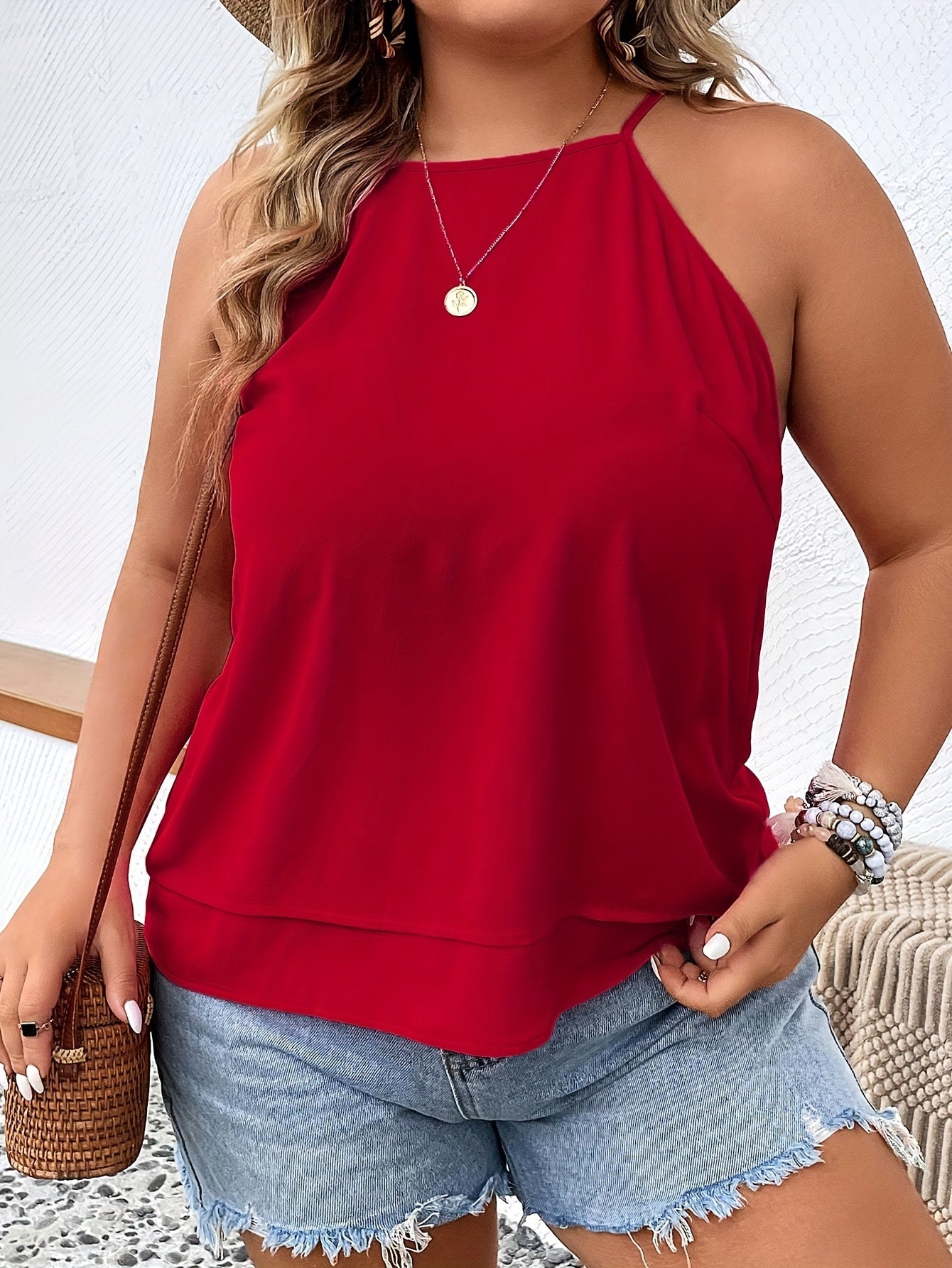  Casual Cami Top Solid Keyhole Back Slight Stretch Cami