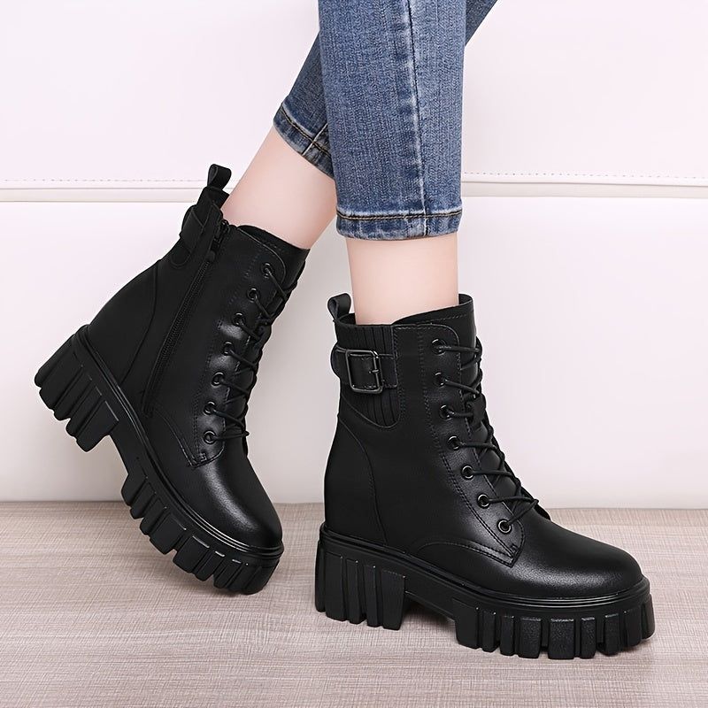Metal Buckle Ankle Combat Boots Lace Up & Zipper Women's Footwear