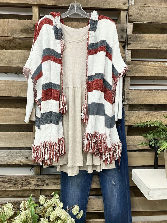  Colorblock Tassel Drawstring Fringe Trim Open Front Hoodie