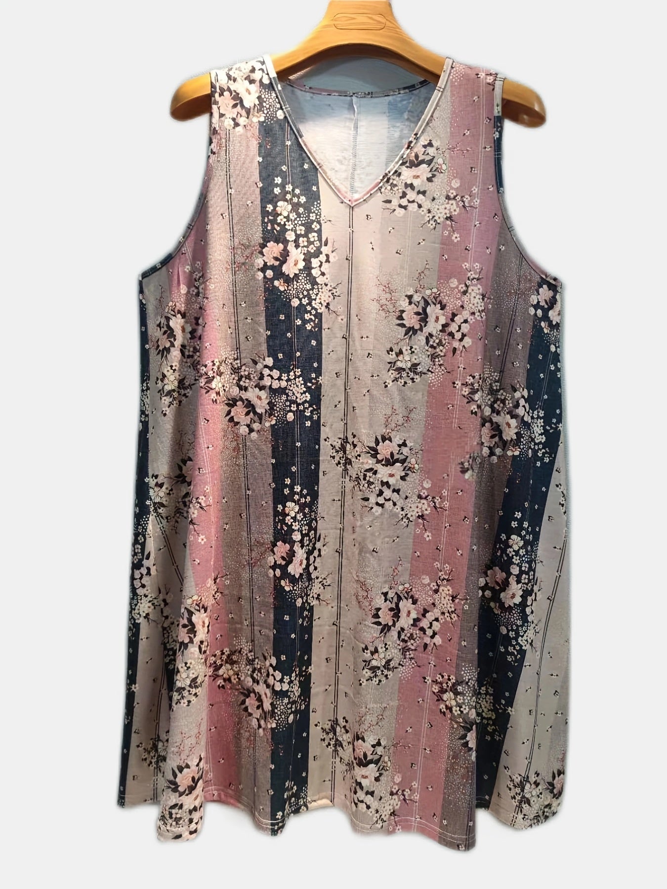  Colorblock Floral Tank Dress V Neck High Stretch