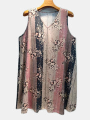  Colorblock Floral Tank Dress V Neck High Stretch