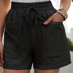 Drawstring Patched Pocket Casual Shorts High Waist Loose Summer Wide Leg Shorts
