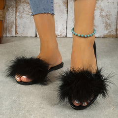 Women's Flat Slide Sandals Faux Fur Decor Summer Shoes