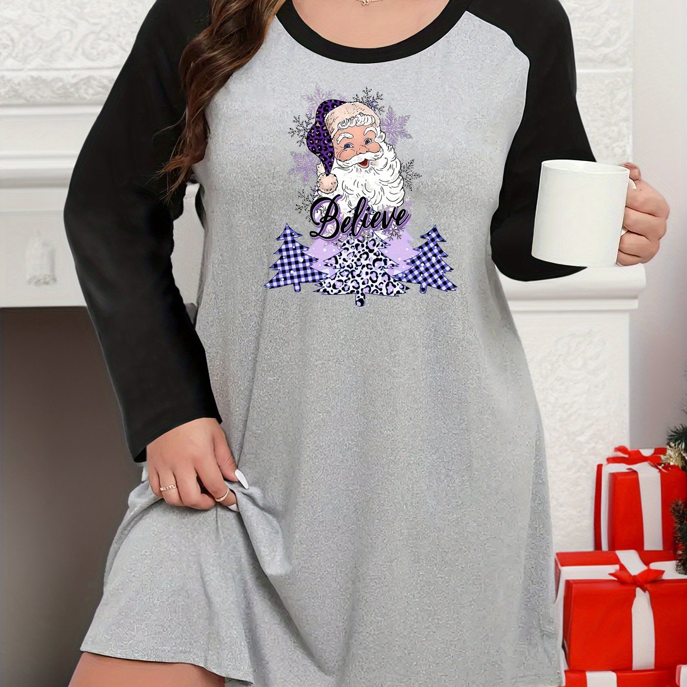  Christmas Lounge Dress Santa Tree Raglan Long Sleeve Nightdress