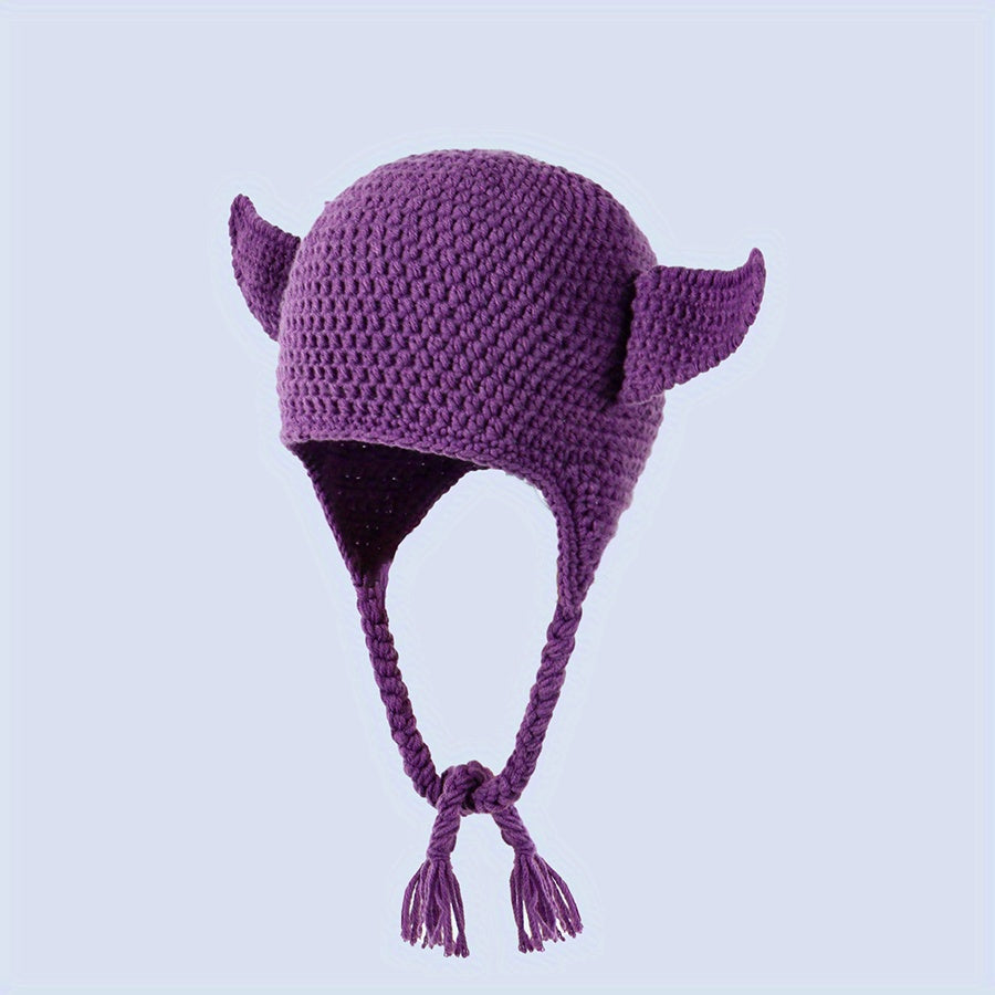Devil Ears Knitted Beanie with Braid - Unisex