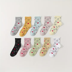 10 Pairs Heart Print Socks Soft & Comfy All Match Short Socks Women's Stockings