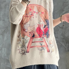  Women's Cartoon Figure Print Sweater Long Sleeve Pullover