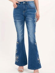  Floral Embroidery High Rise Flared Leg Jeans