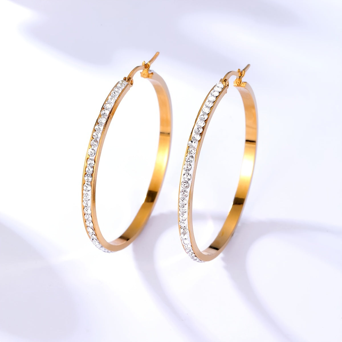 Stainless Steel Large Hoop Earrings Full Rhinestones 18K Plated
