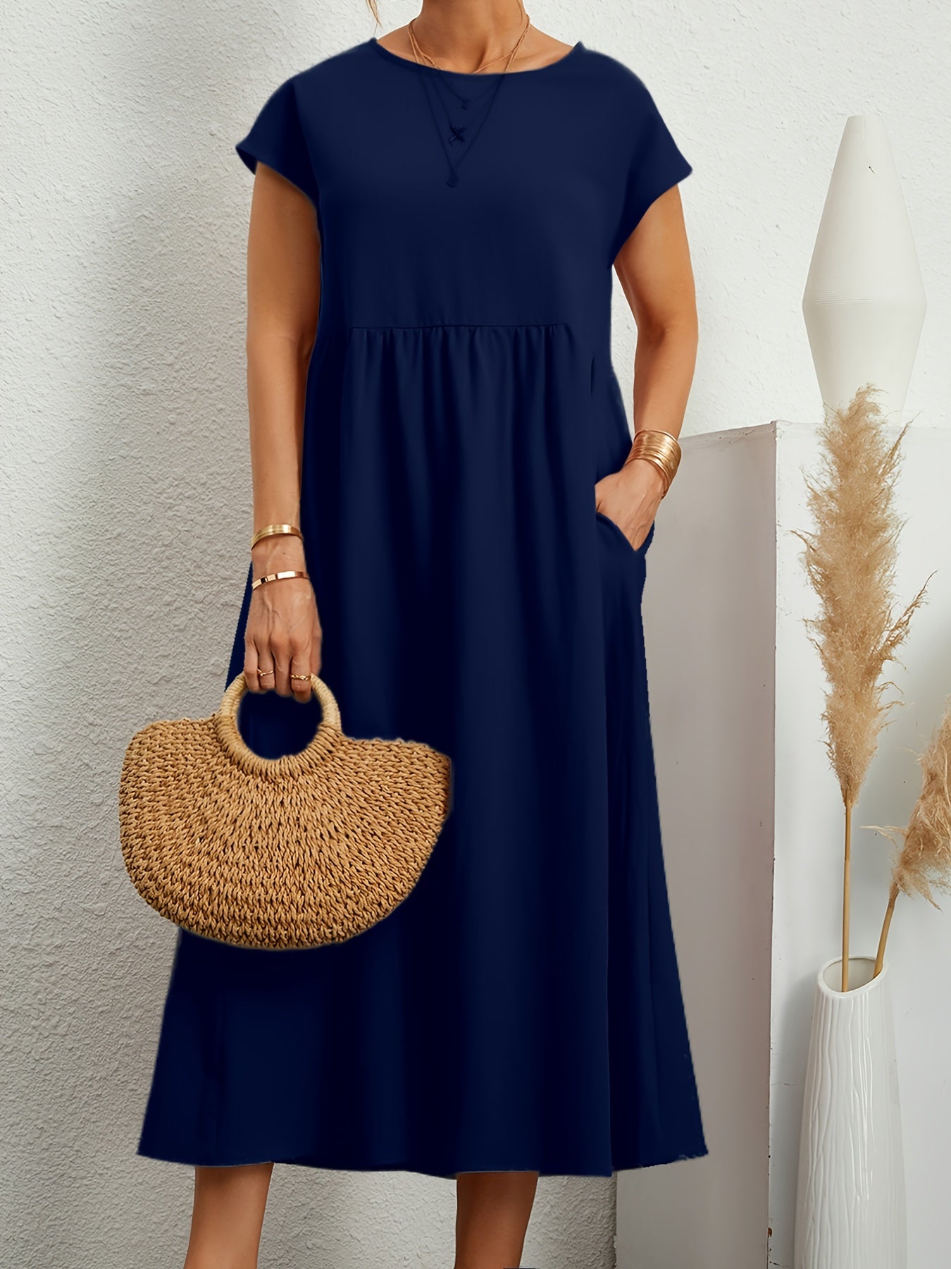  Casual Dress Solid Round Neck Cap Sleeve Midi Dress With Pockets