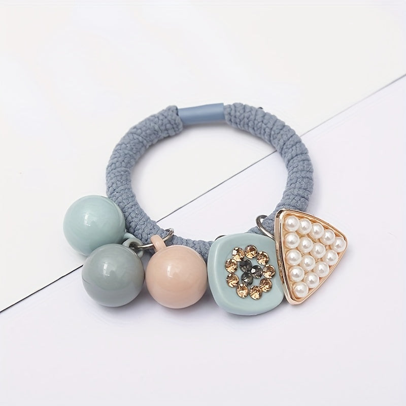 2pcs Candy Beaded Hair Tie Faux Pearl Decor Hair Rope Knitted Hair Tie