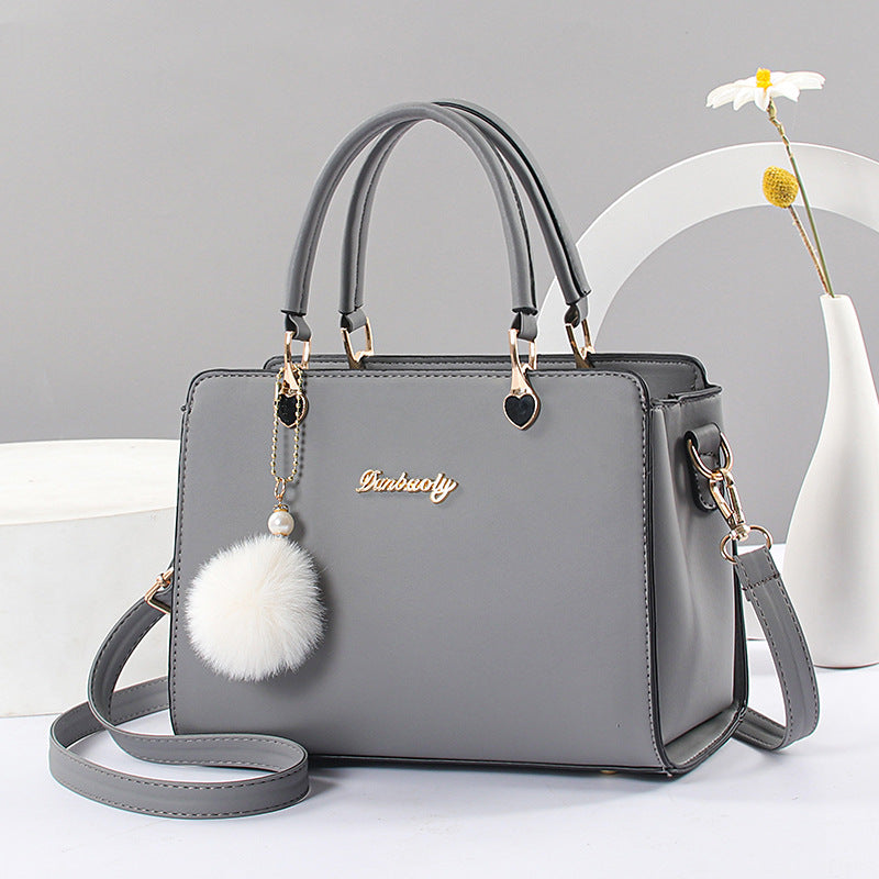 Plush Ball Decor Satchel Bag Solid Hand Bag Women's Shoulder Purse