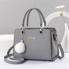 Plush Ball Decor Satchel Bag Solid Hand Bag Women's Shoulder Purse