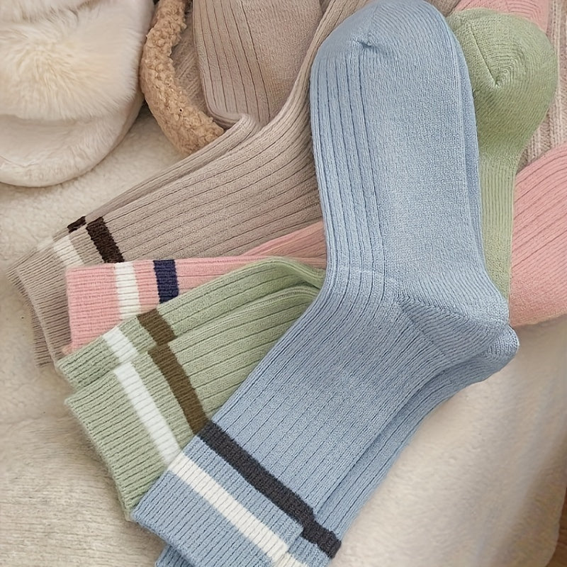 5 Pairs Women's Striped Crew Socks