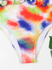  Tie Dye Print One Piece Swimsuit Ruffle Trim High Stretch Bathing Suit