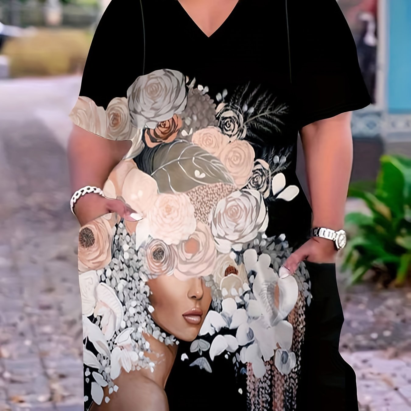  Cartoon Print V Neck Short Sleeve Dress With Pockets