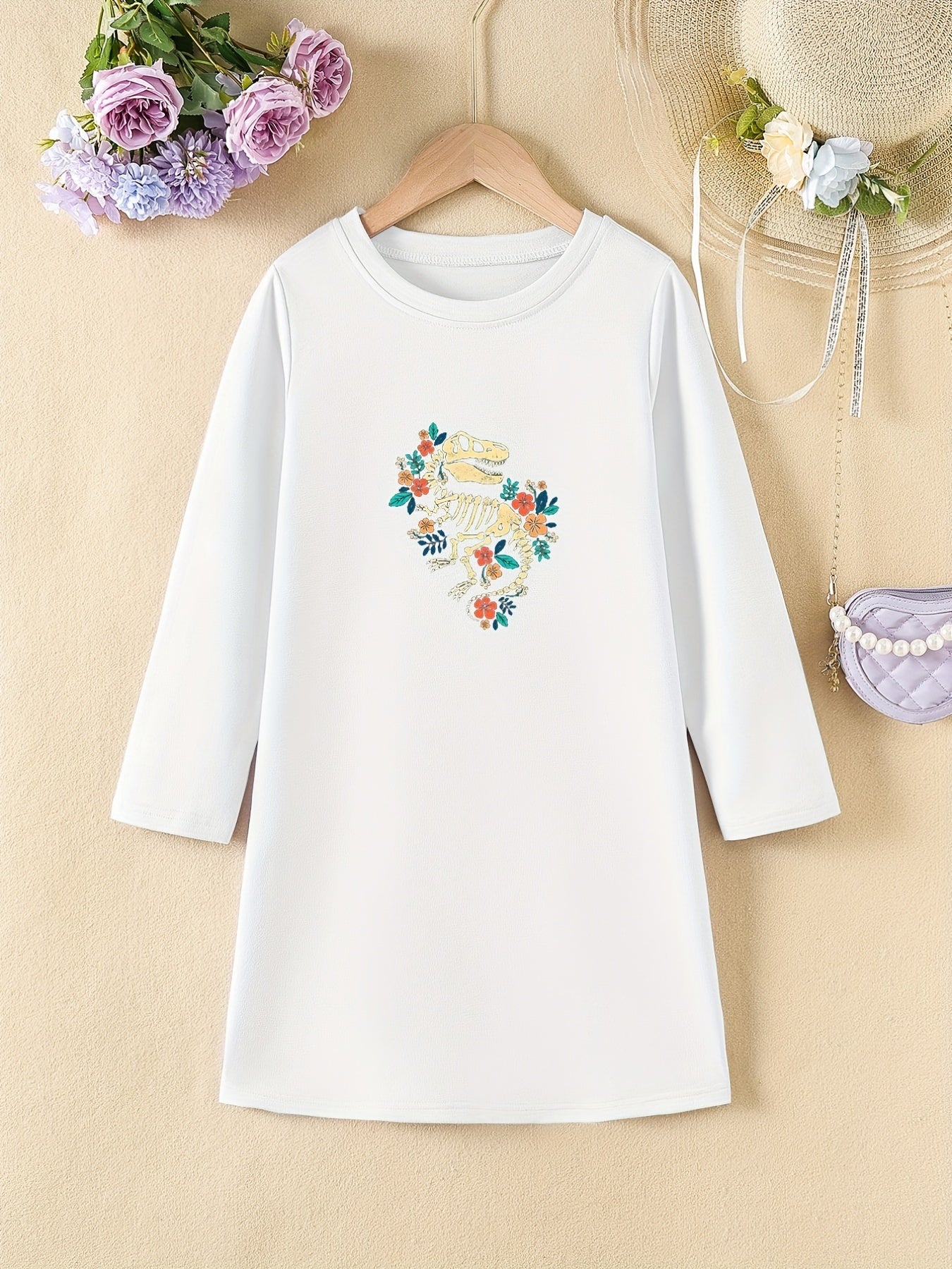 Girls' Floral Dino Bones Print Long Sleeve A-line Dress