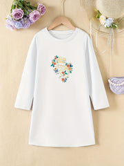 Girls' Floral Dino Bones Print Long Sleeve A-line Dress
