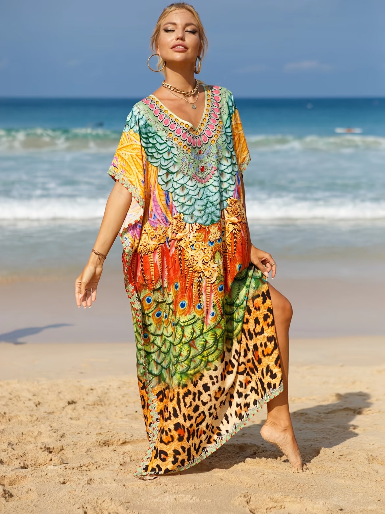 Animal Print V Neck Maxi Cover Up