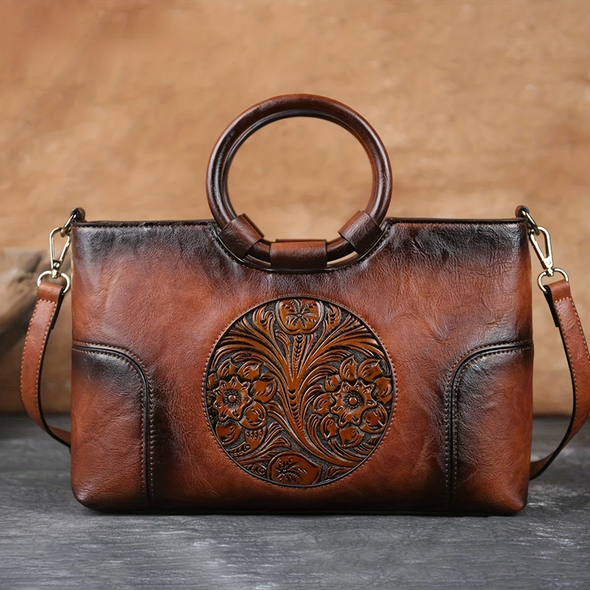 Vintage Flower Embossed Lightweight Satchel Bag
