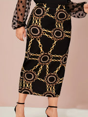  Chain Print High Rise Bodycon Midi Skirt