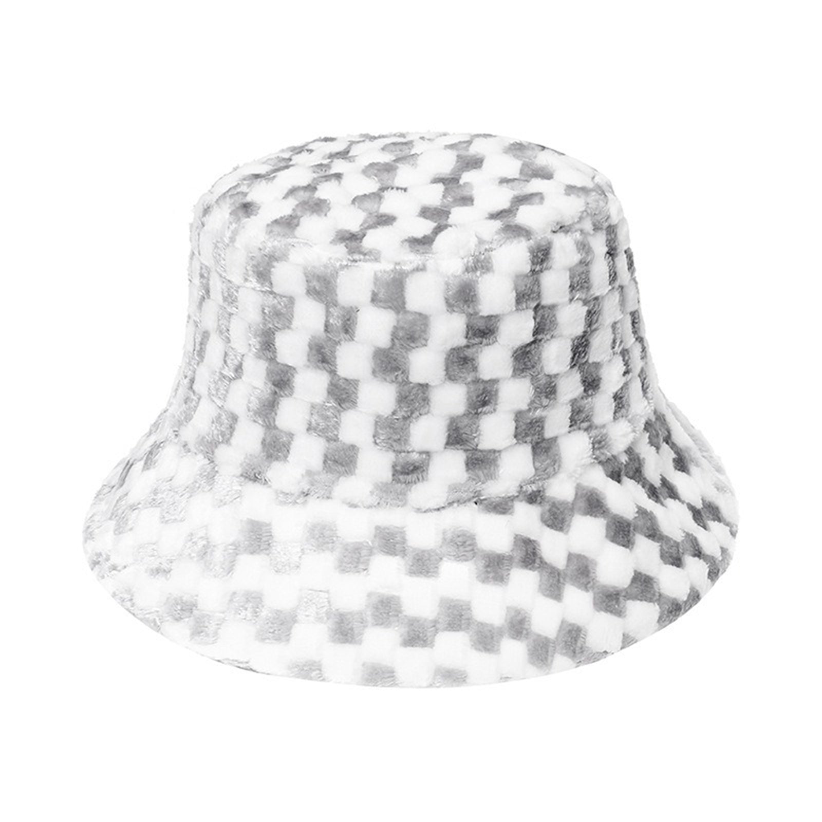 Women's Plaid Faux Fur Bucket Hat Warm Fisherman Hat for Cold Weather