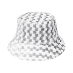 Women's Plaid Faux Fur Bucket Hat Warm Fisherman Hat for Cold Weather