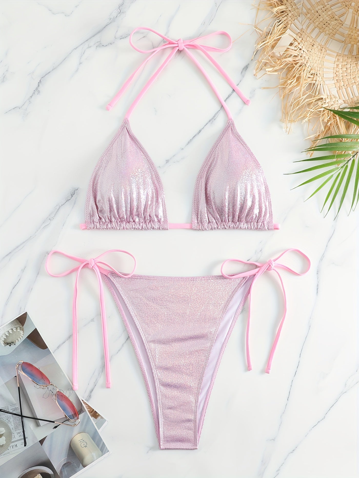  Metallic Halter Bra & Tie Side Panty Bikini Set